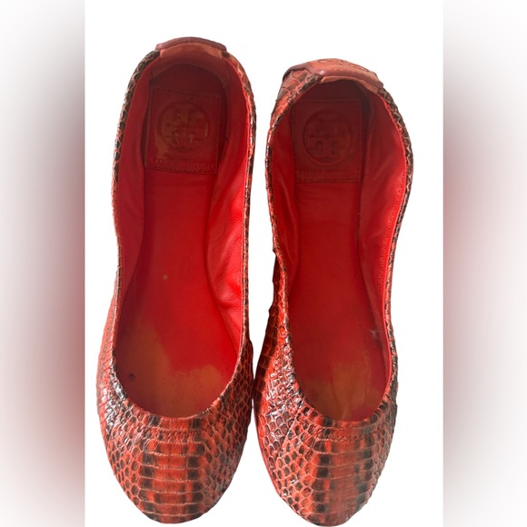 Tory Burch Shoes - Tory Burch Red Snakeskin textured Leather Flats (Never Worn)